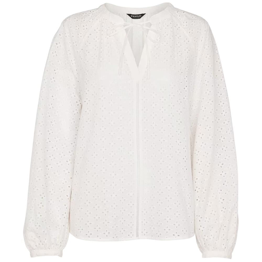 Whistles White Broderie V Neck Blouse